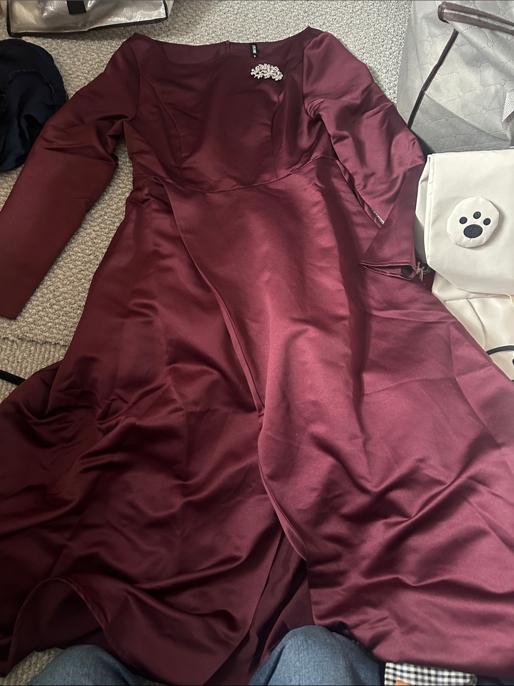 STYLEWE Wine Red Long-Sleeve Satin Fit-and-Flare Dress